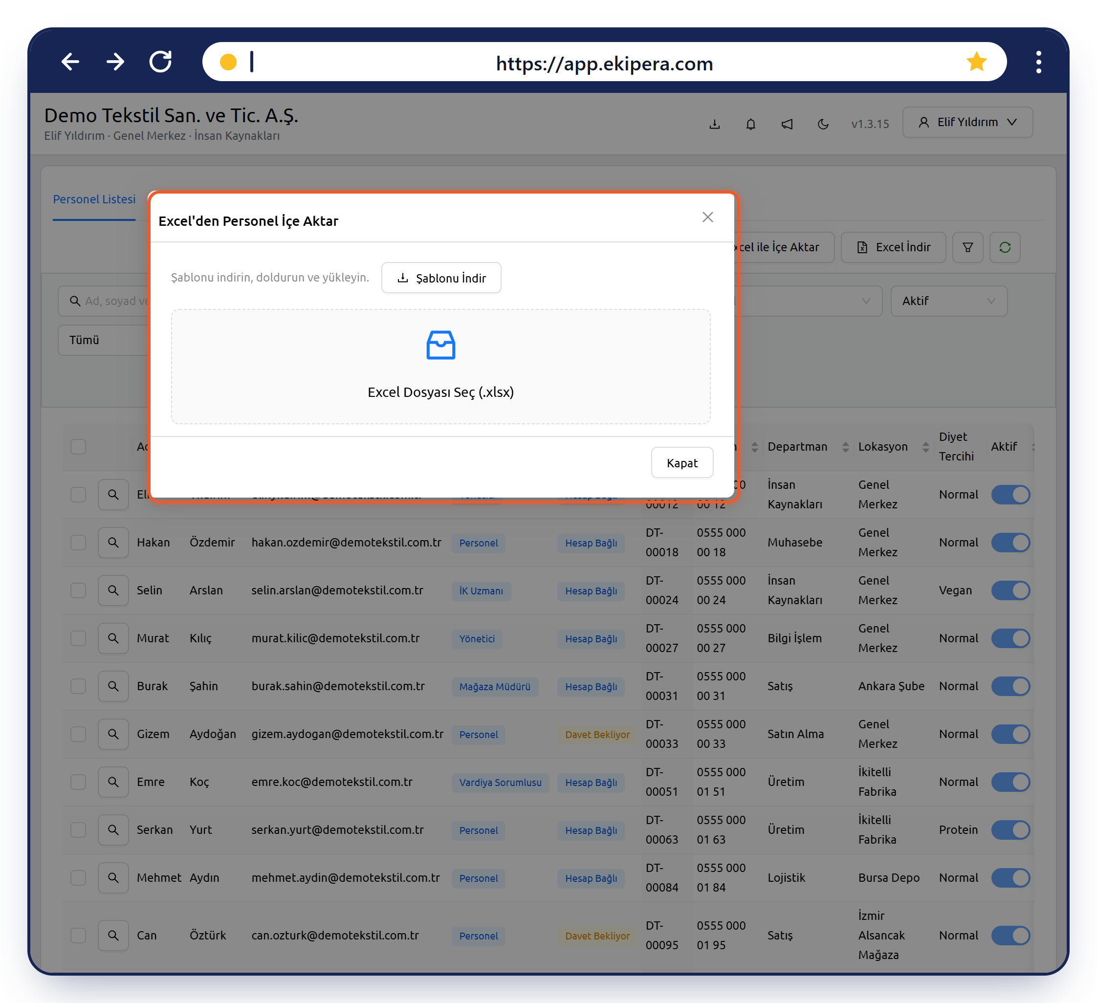 Excel'den Personel İçe Aktar penceresi