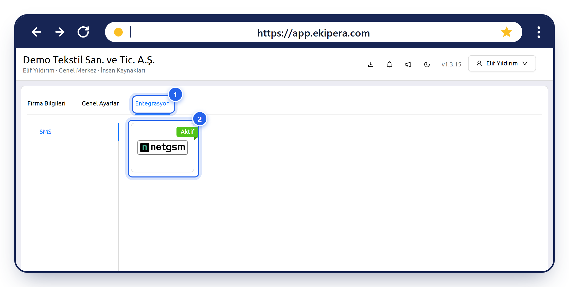 Entegrasyon → SMS ekranı
